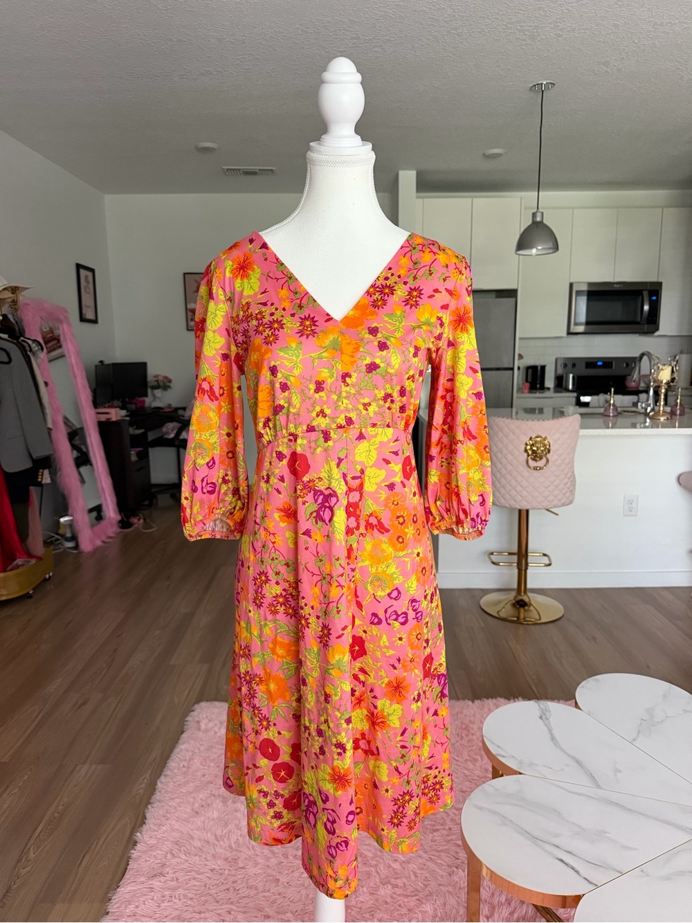 MaxMara Pink Floral V‑Neck Midi Dress with Yellow & Orange Accents fall season
